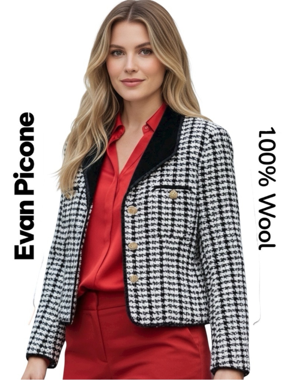 Vtg Evan Picone Crop Blazer 100% Wool Houndstooth Velvet/Collar Made/US
